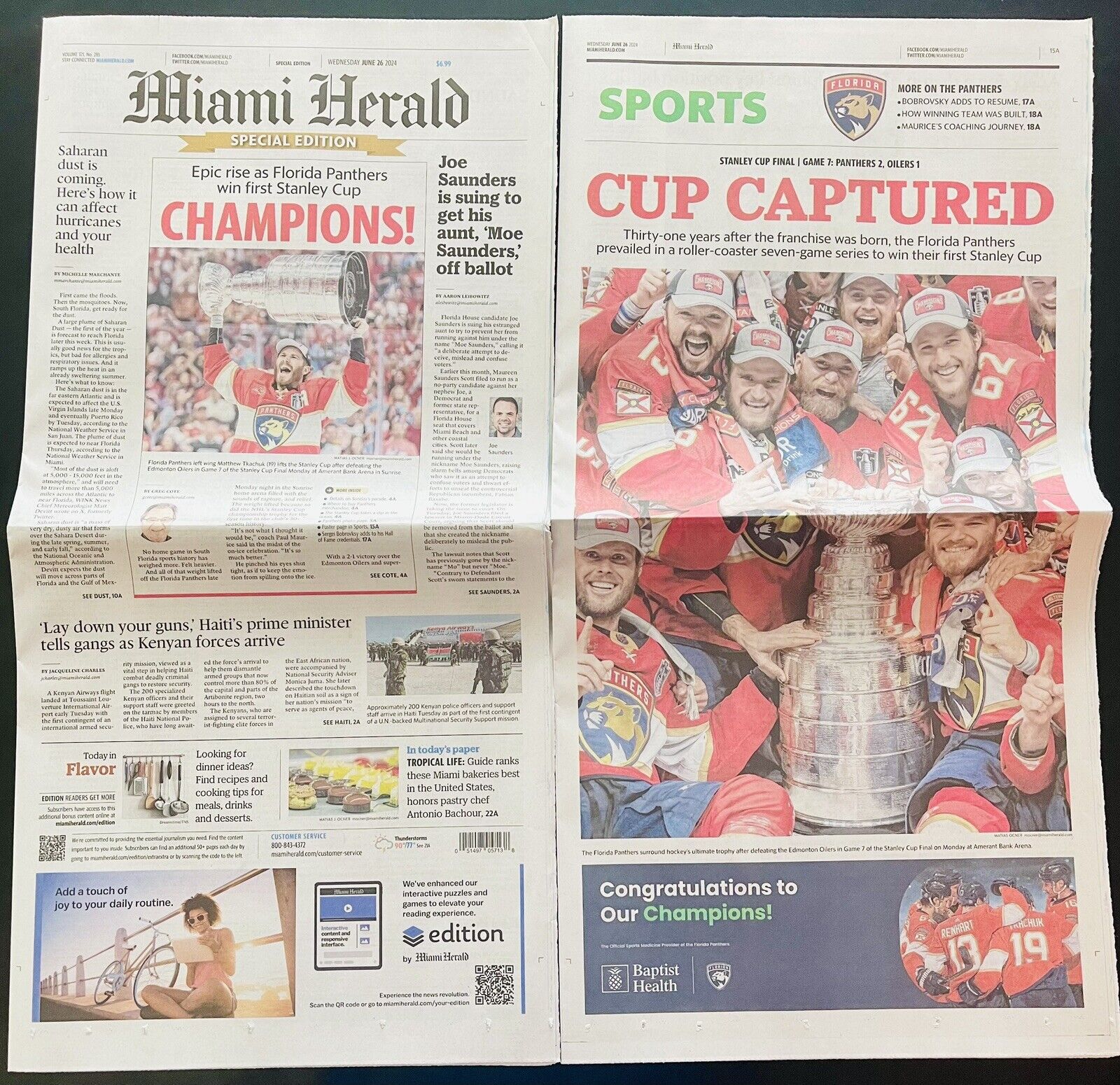 HISTORIC STANLEY CUP FLORIDA PANTHERS NHL 2024 CHAMPS MIAMI HERALD NEWSPAPER