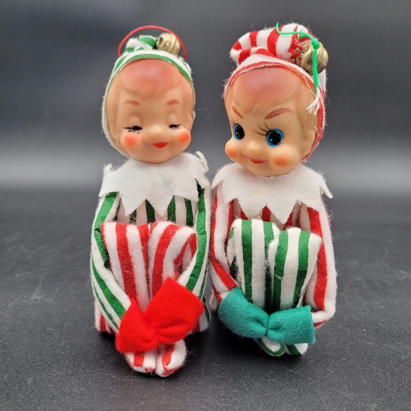 Two Vintage Pinstripes Elf Japan 1950 Knee Hugger Plastic Face Christmas Holiday