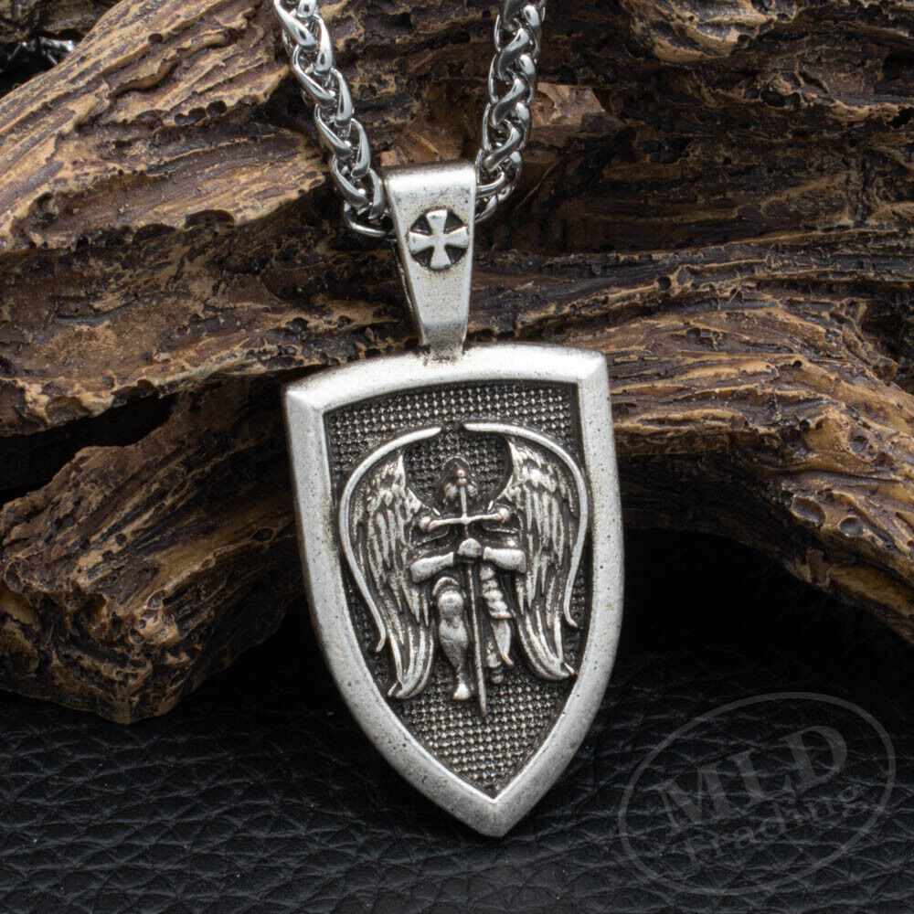 Archangel Saint St Michael Medal Shield Pendant Necklace Stainless Steel Chain