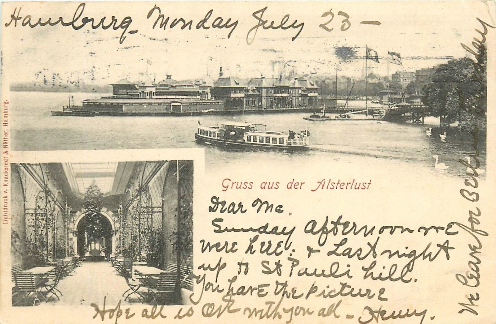 Postcard 1900 Germany Gruss Aus Hamburg Alsterlust undivided 24-6470