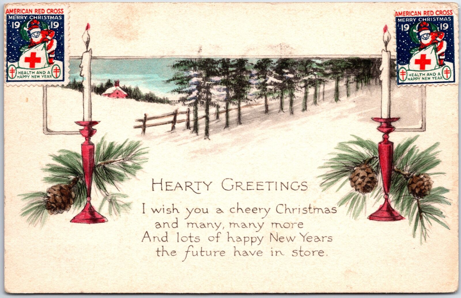 VINTAGE POSTCARD HEARTY GREETINGS CHRISTMAS RED CROSS SEALS ALEXANDRIA MINN 1919