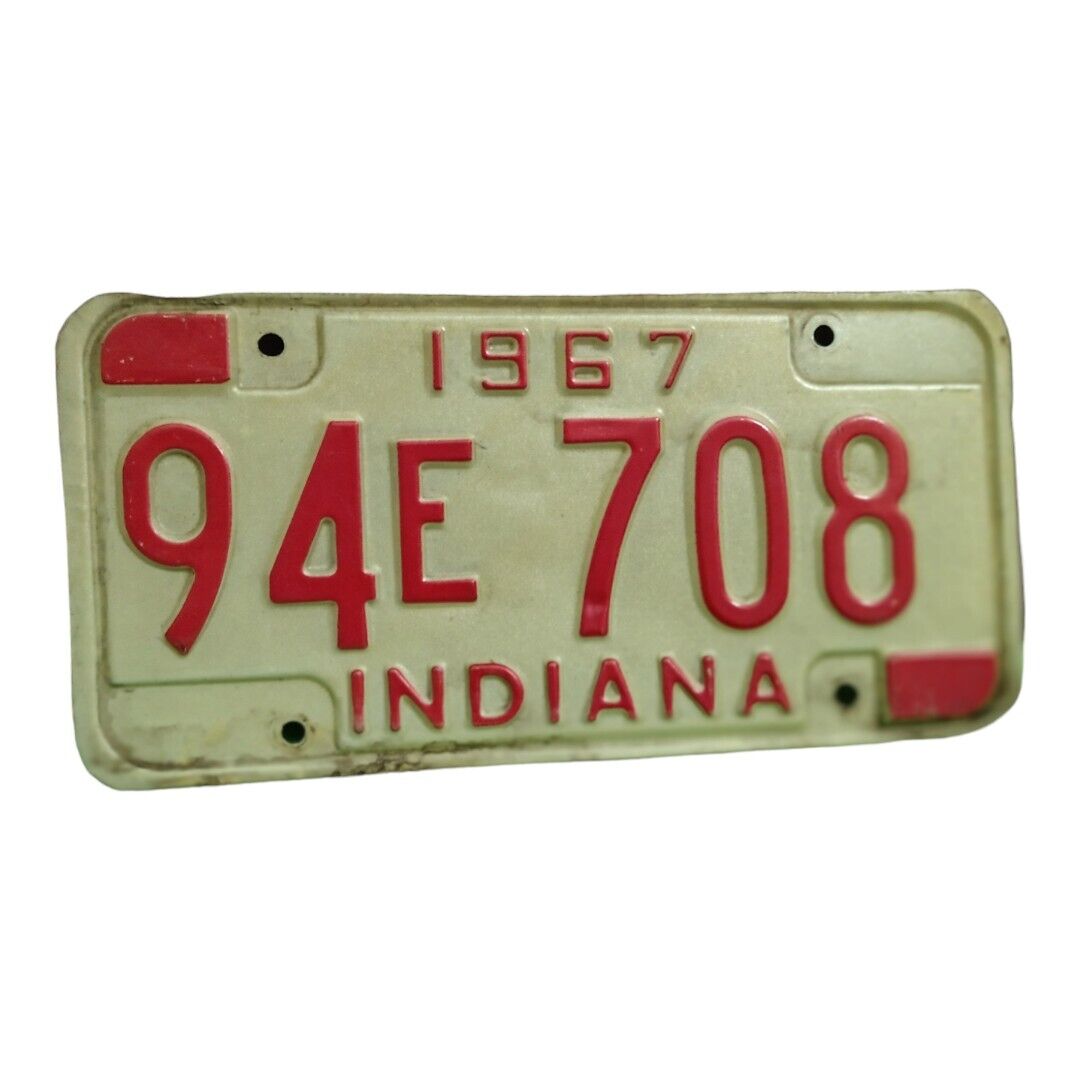 Vintage 1967 Indiana License Plate 94E 708  White Red Plate Great Condition 
