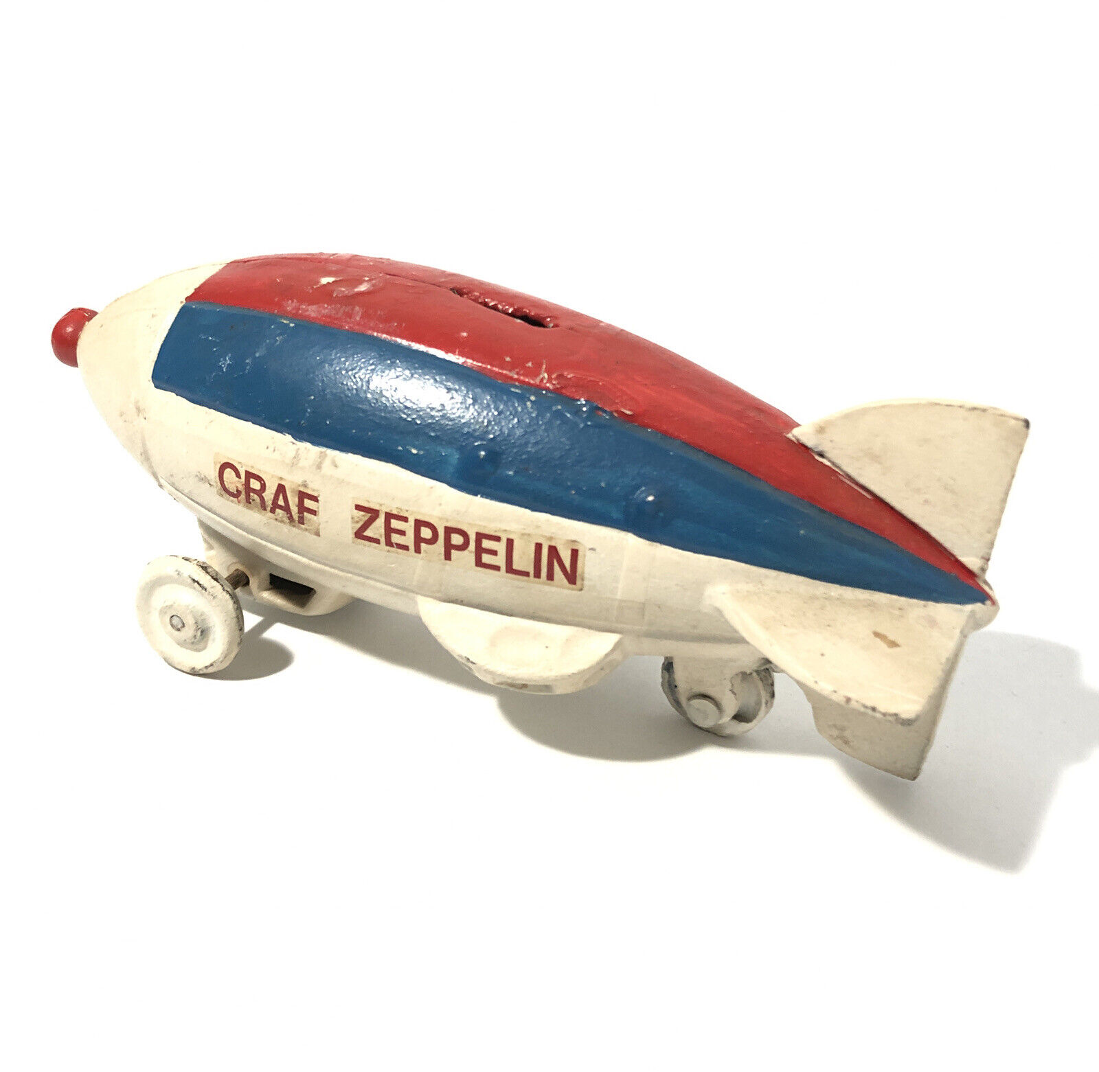 Vintage Graf Cast Iron Zeppelin Coin Bank-7.5”x3 Three Wheel Pull Toy Piggy Bank