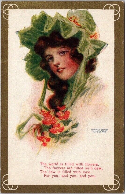 Artist-Signed HAMILTON KING Postcard Pretty Lady / Green Bonnet - UNUSED c1907