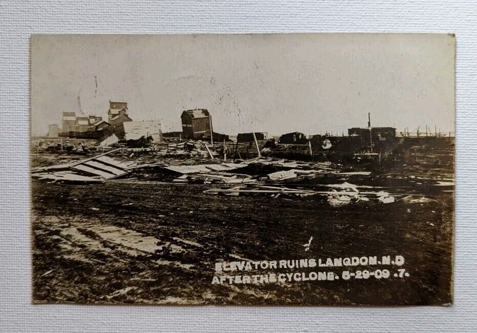 RPPC North Dakota Postcard Langdon Elevator Ruins Cyclone 1909 Tornado Damage ND