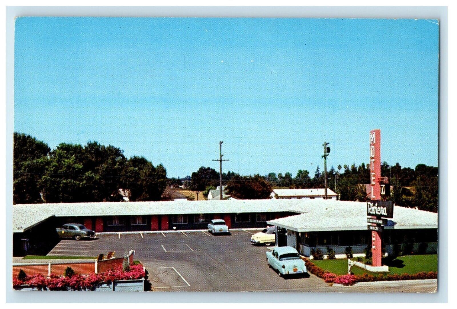 c1960 Aerial's View Riviera Motel Building Cars Stockton California CA Postcard