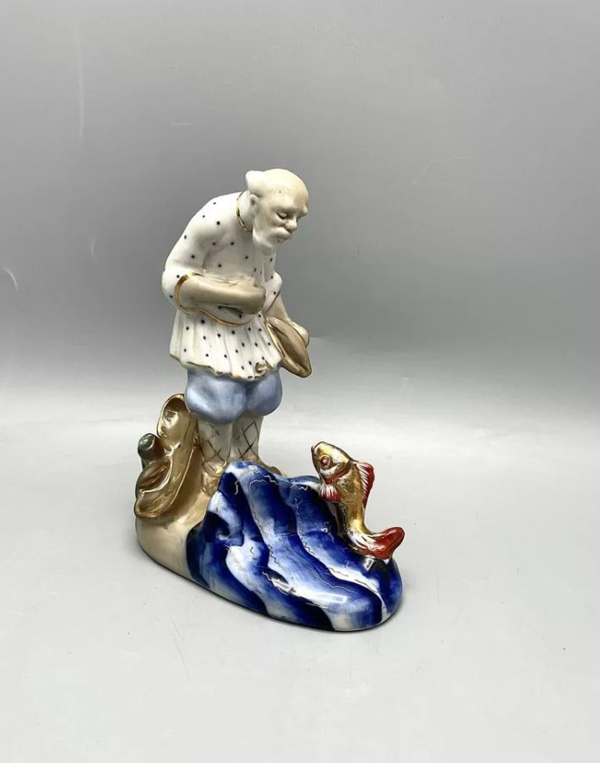 Vintage 1950s Gzhel USSR Hand Painted Porcelain Old Man With A Fish Statue
