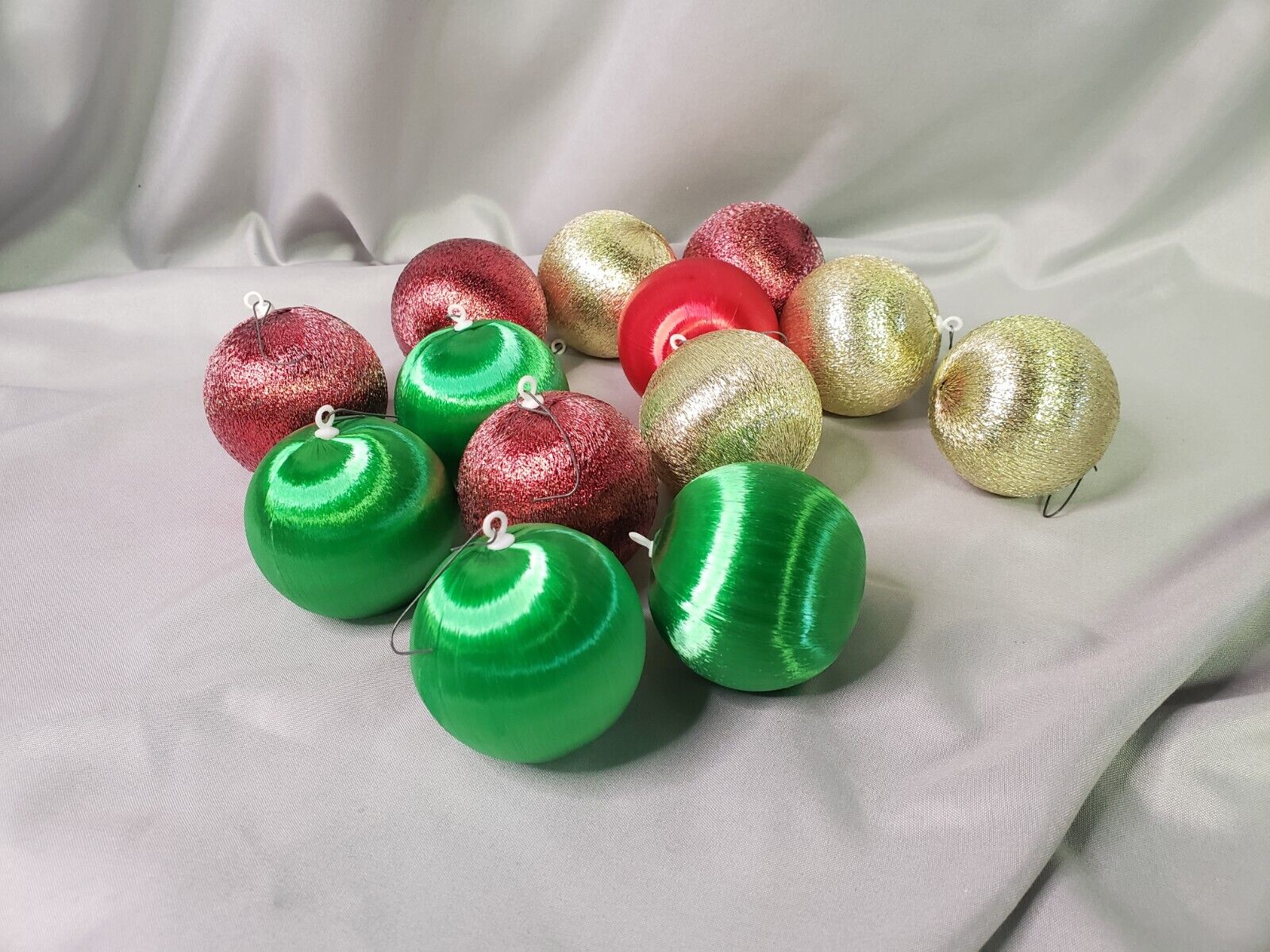 Lot Of 13 Vintage Satin Silk Wrapped Christmas Ornaments Green Gold Red 