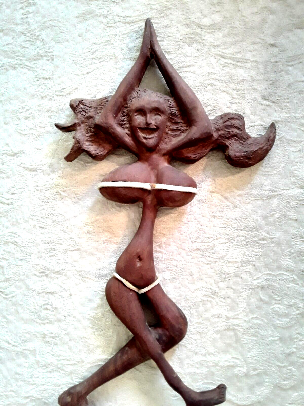 Vtg Hand Carved Wood Happy Lady Woman w Tiny Leather Bikini Folk Art Sculpture