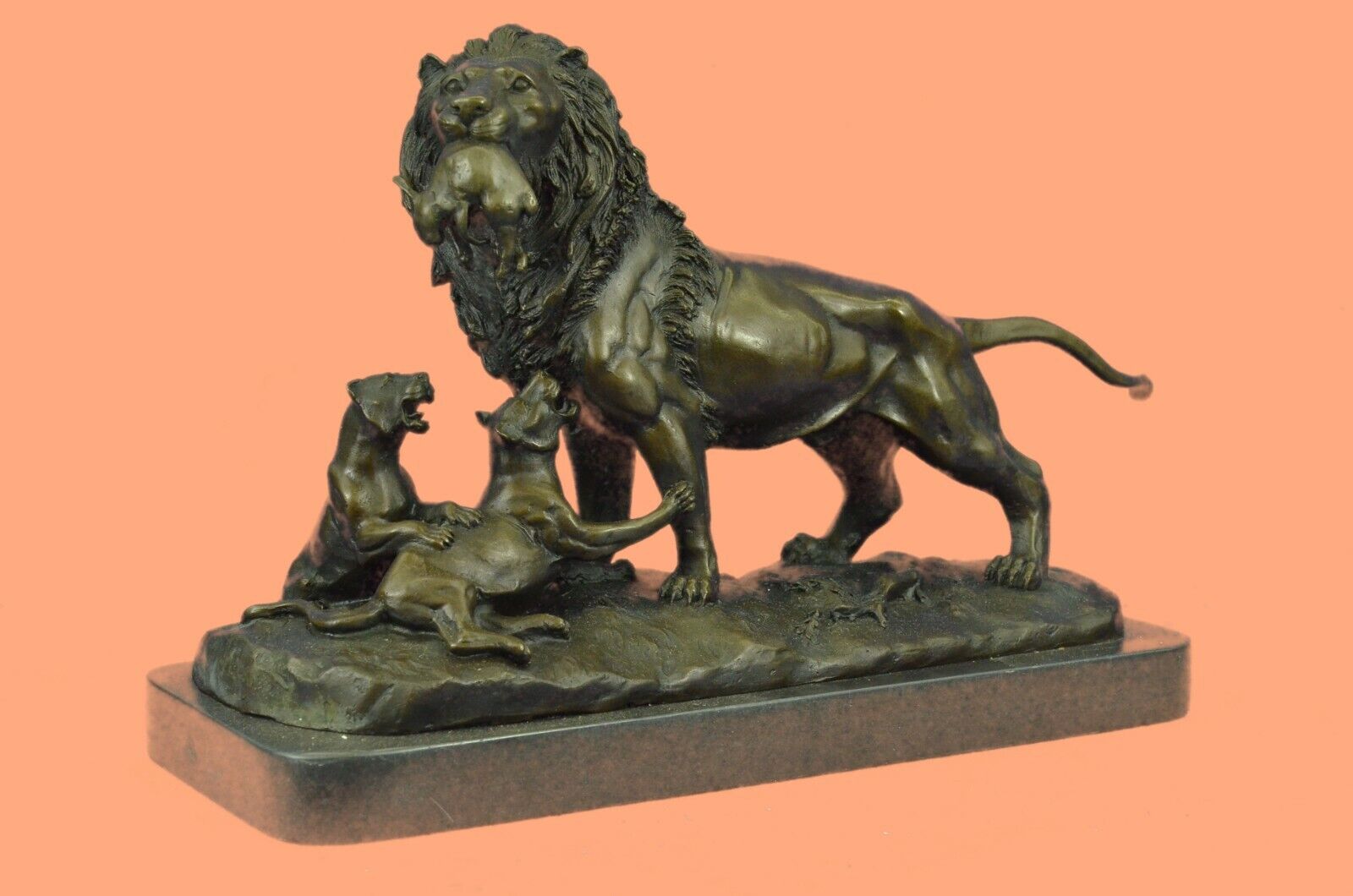 Elegant Classical Family Lion 100% Solid Bronze Marble Statue Sculpture Figure
