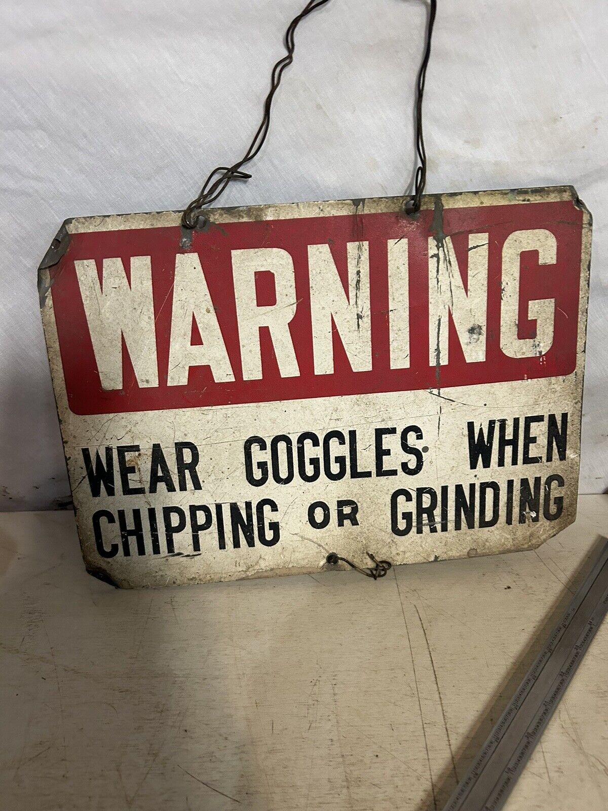 Vintage Metal Sign, Factory Sign, Warning Wear Goggles When Chipping Or Grinding