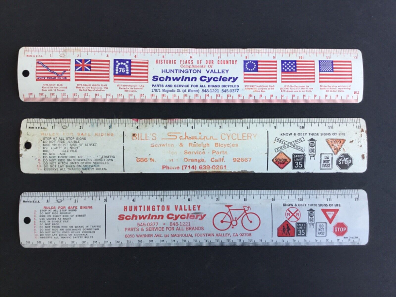 Lot of 3 Vintage Schwinn Cyclery Metal Rulers Bill\'s Schwinn Orange Huntington