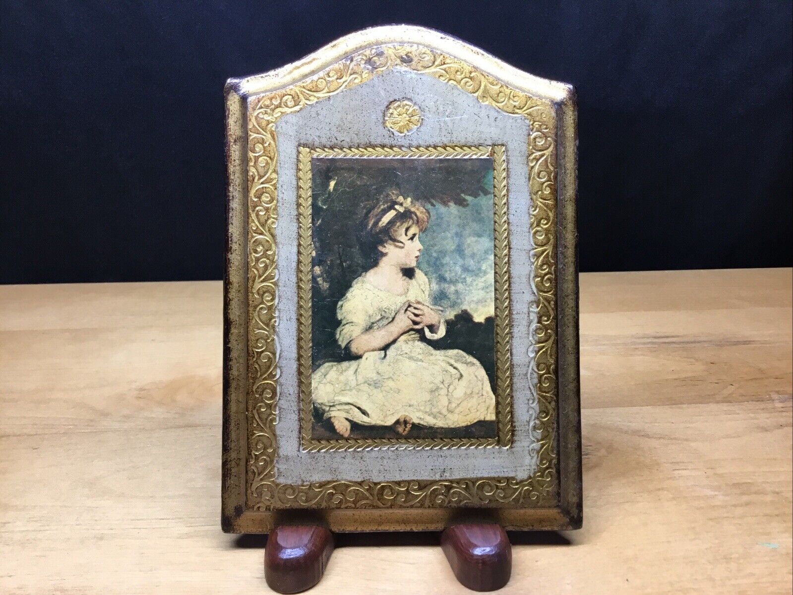 Vtg Antiqued Florentine Plaque Wood Artisan Gold Leaf Italy Sweet Girl Portrait