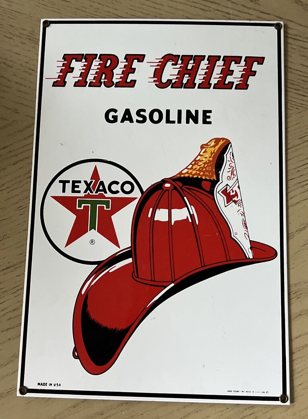 FIRE CHIEF GASOLINE TEXACO 1986 Ande Rooney Porcelain Advertising Sign - Vintage