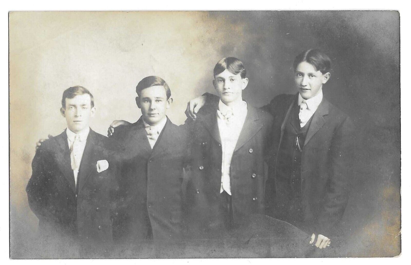 Mystic, IA Iowa 1908 RPPC Postcard, 4 Young Men