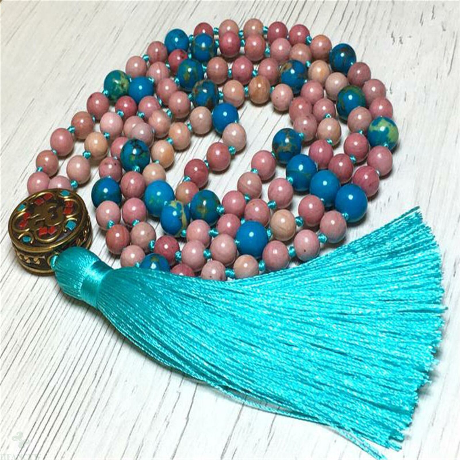 8mm Natural Rhodochrosite 108 Beads Tassel Knotted Necklace Colorful Yoga
