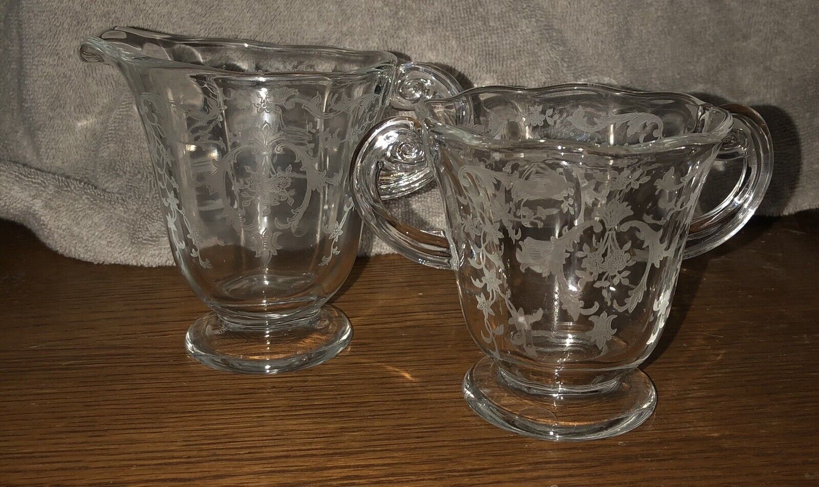 Vintage Fostoria Navarre Clear Etched Glass Open Sugar and Creamer Set