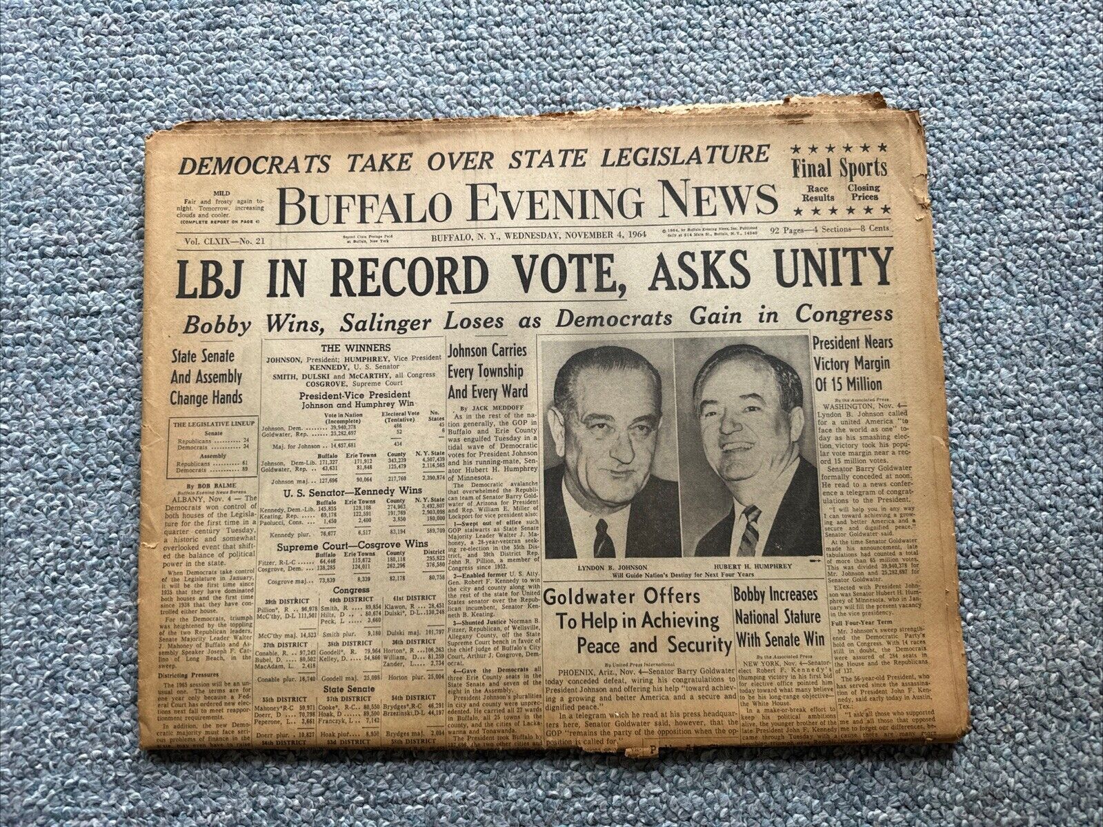 Buffalo Evening News Newspaper November 4, 1964 Buffalo, NY - LBJ Wins Vote