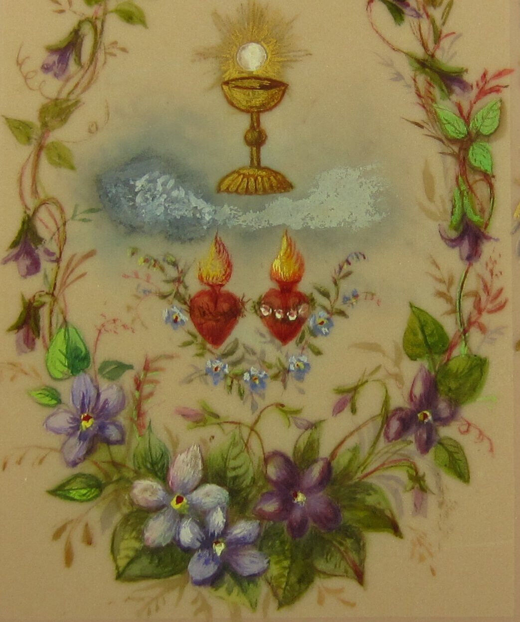 Vintage SACRED HEART HOLY CARD Celluloid Hand Painted EUCHARIST Souvenir French