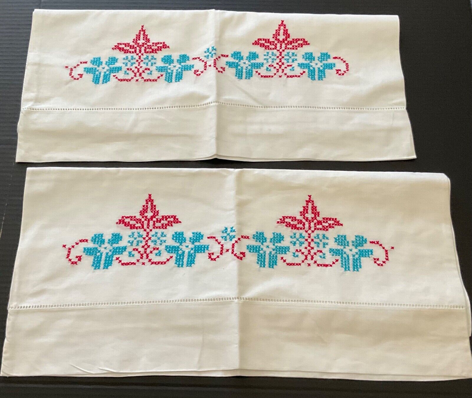 Vintage Pair of 20 X 31 White Pillow Cases W/ Cross Stitching Appear  unused*
