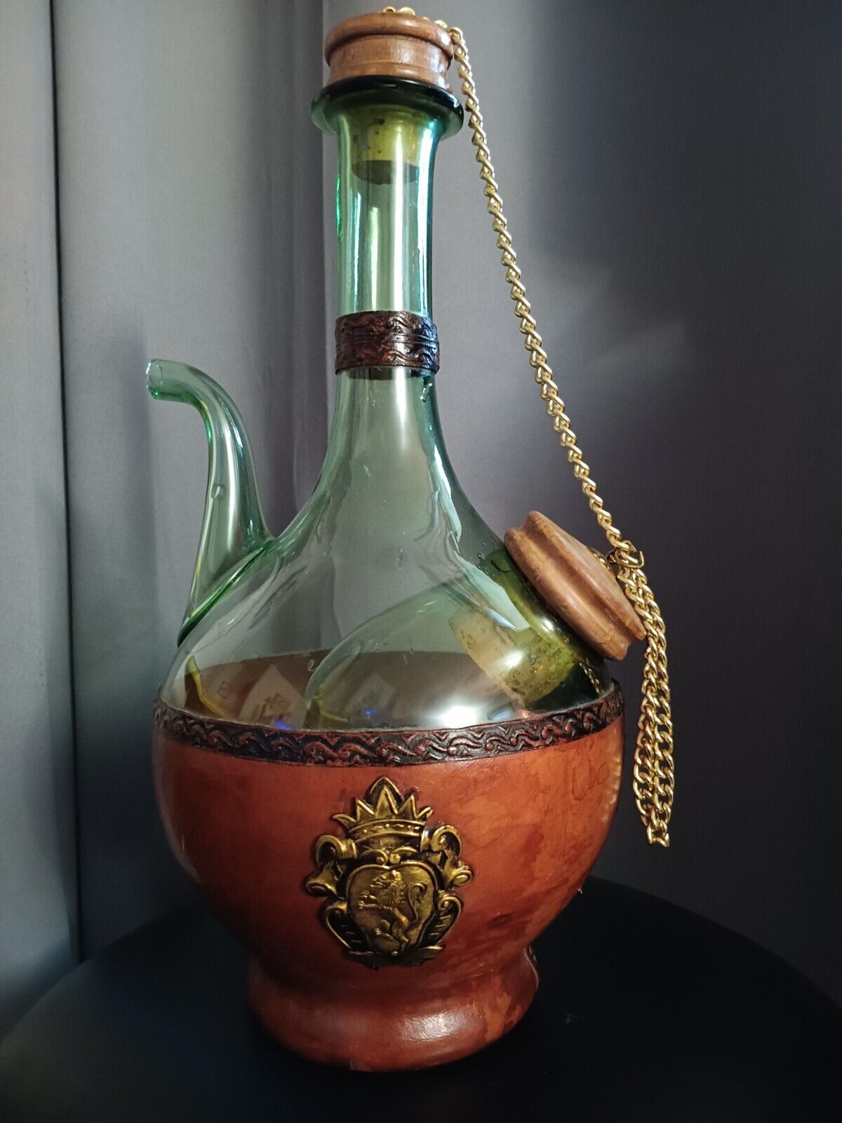 Vntg.  Leather Wrapped Wine Decanter W/ Ice Chamber, Providentiae Memor. Italy. 