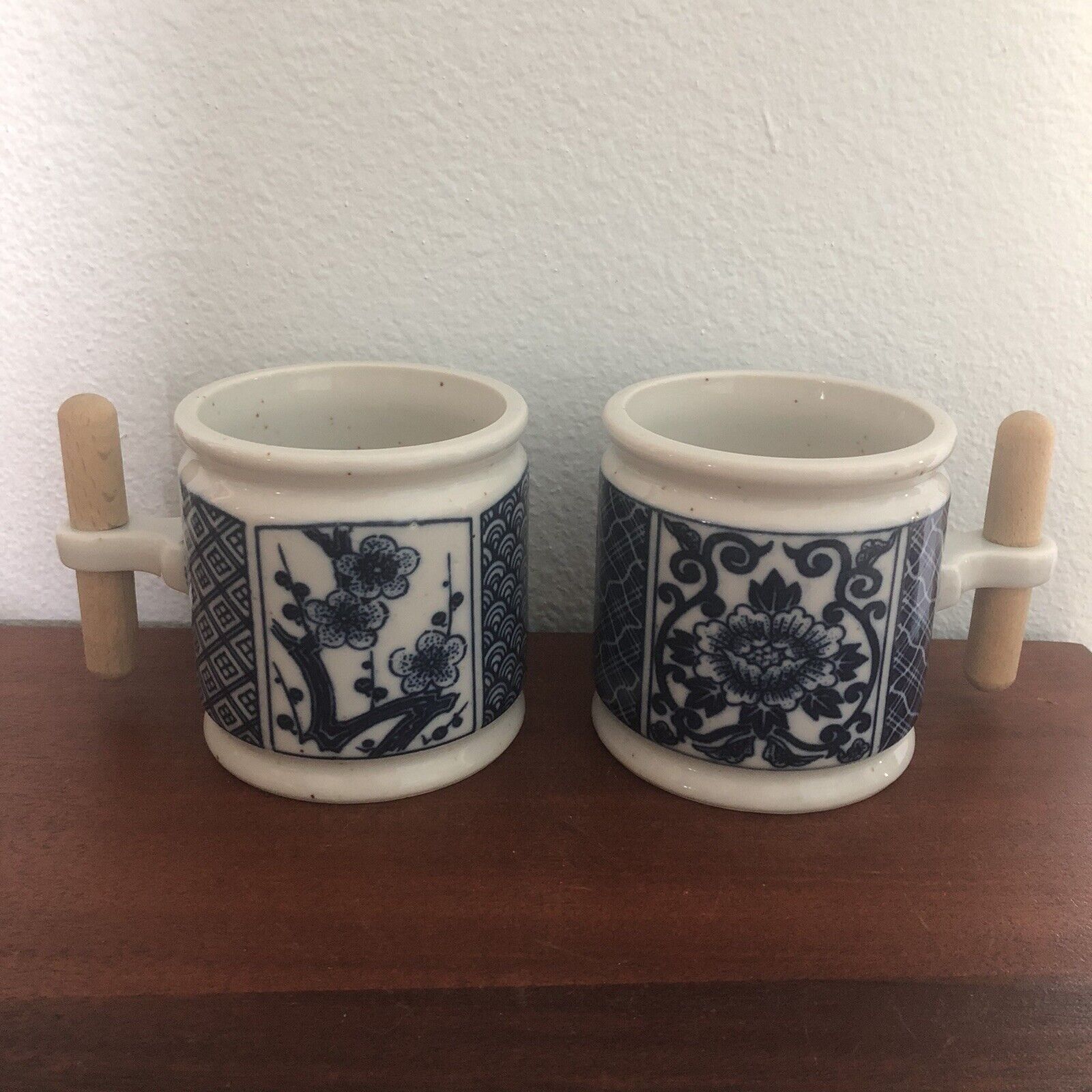 Vintage Pair Otagiri Coffee Mug Cup Speckled Stoneware Unique Wood Handles 1970s