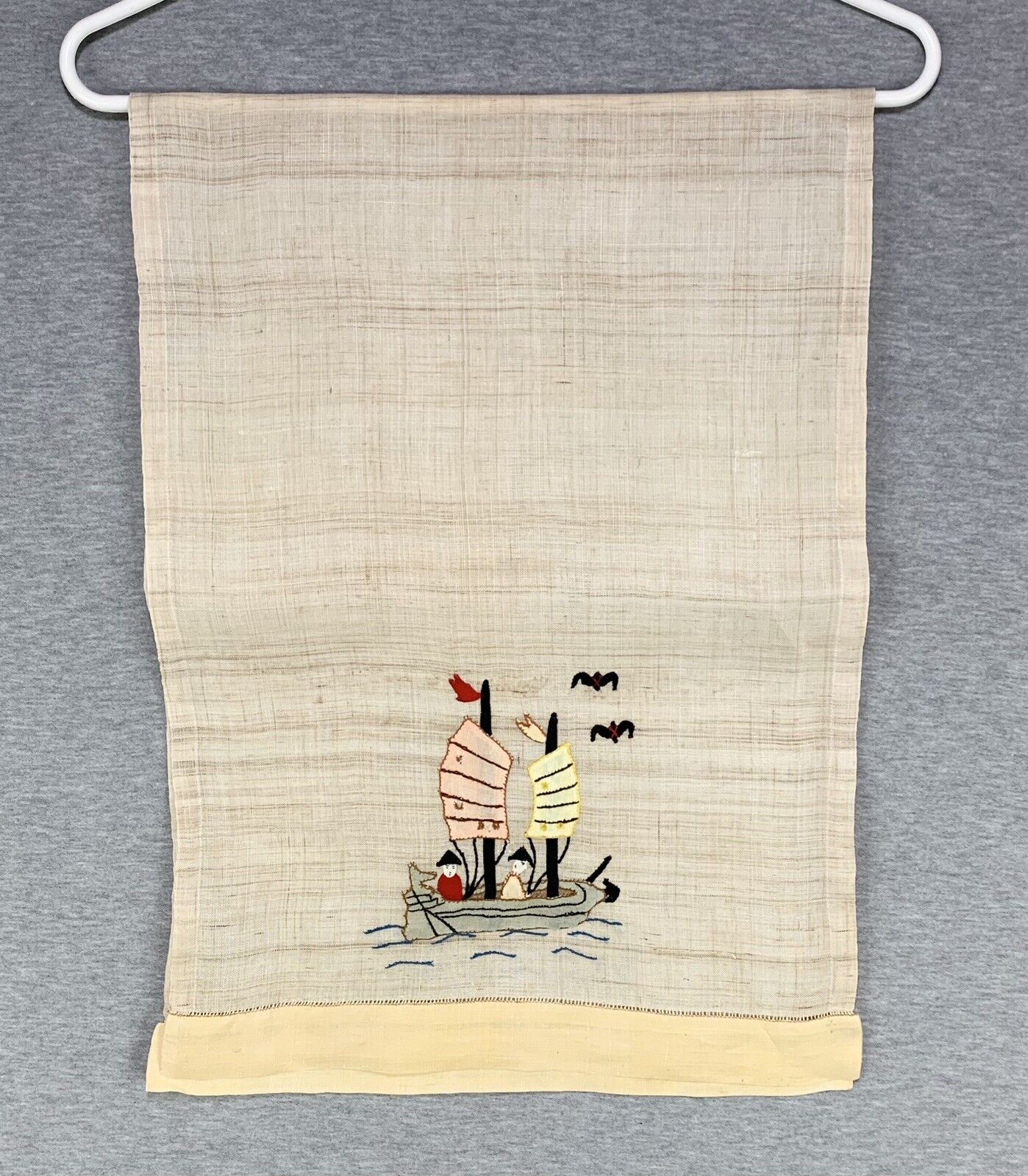 Large Vintage Asian Hand Embroidered Linen Dish Tea Towel 40.5” x 14.5” Boat