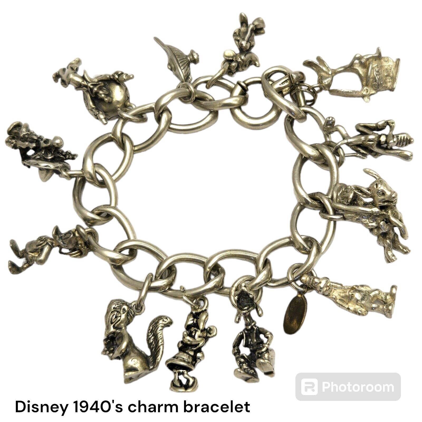 Rare 1950s Walt Disney SterlingSilver Charm Bracelet Donald Mickey Minnie Goofy 
