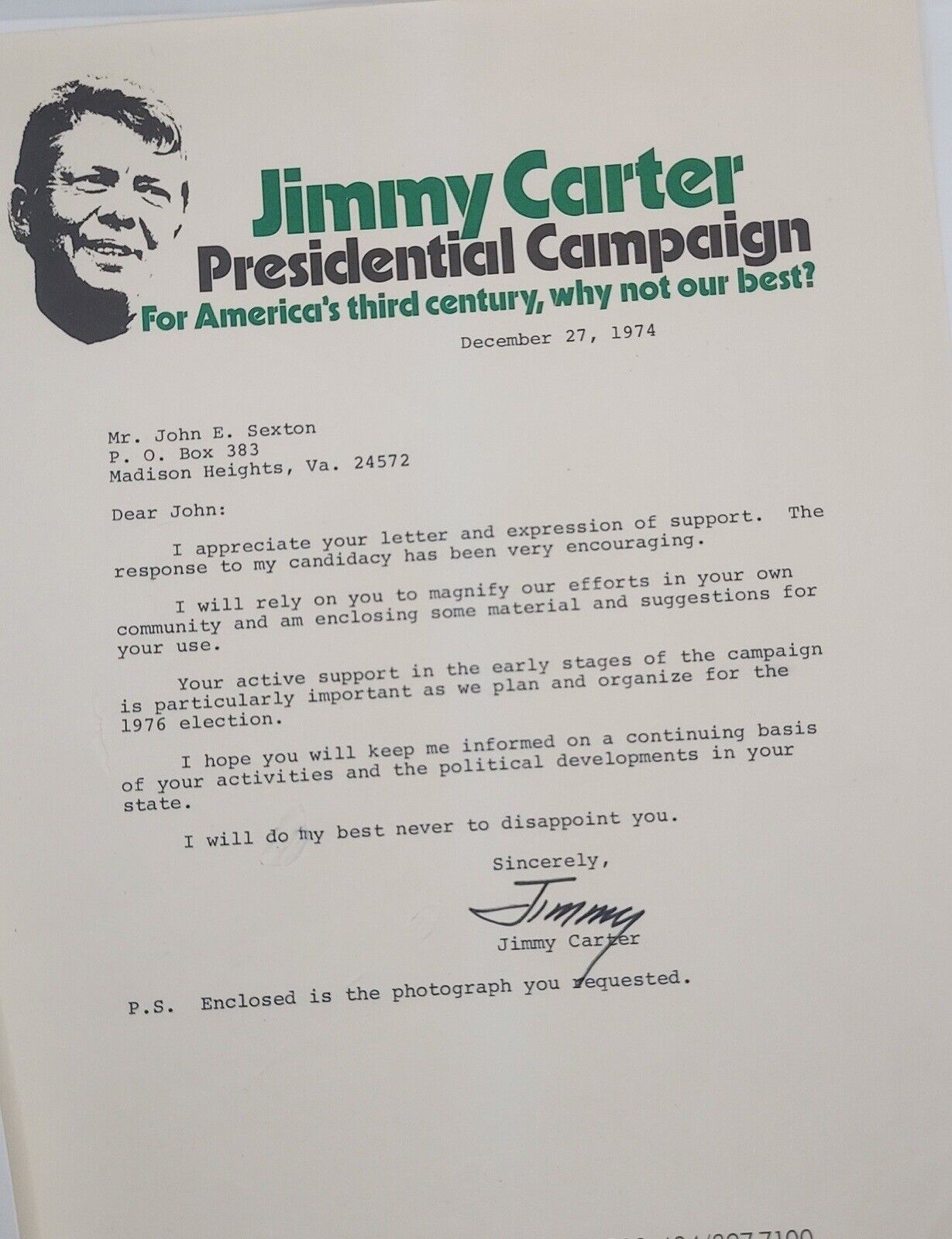 Jimmy Carter Signed 1974 Presidential Campaign Letter Vintage Autographed