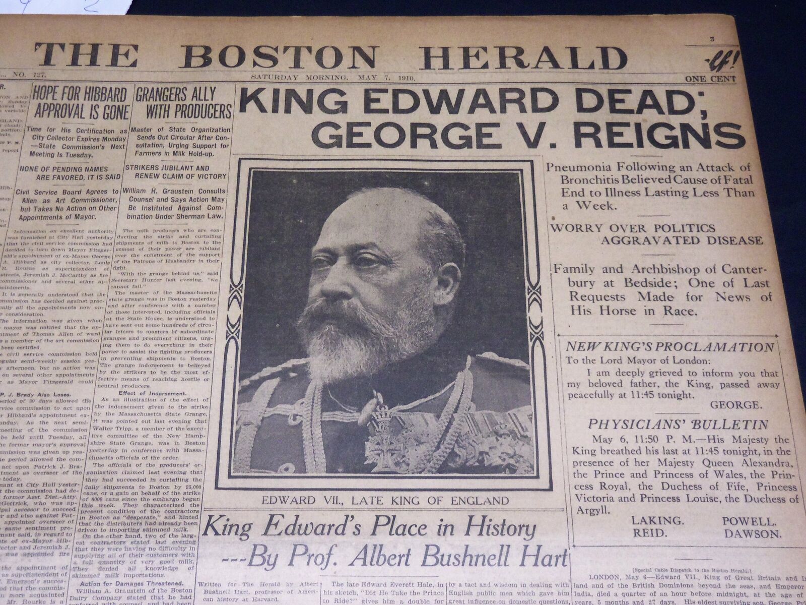 1910 MAY 7 THE BOSTON HERALD - KING EDWARD DEAD - GEORGE V REIGNS - BH 356