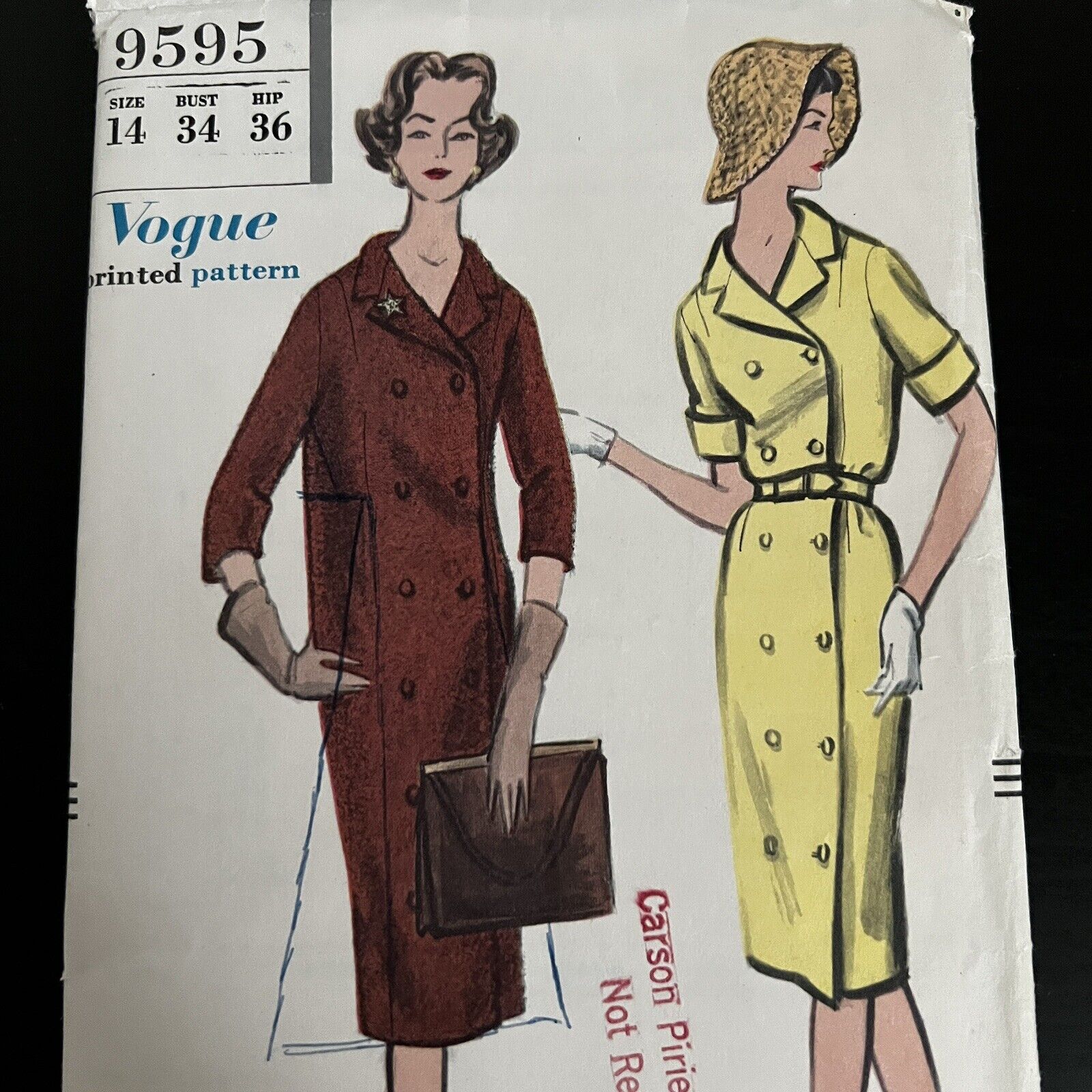 Vintage 1950s Vogue 9595 Double Breasted Coat Dress Sewing Pattern 14 XS CUT