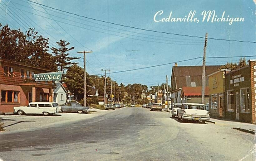 Postcard MI: Cedarville, Michigan, Downtown, Posted 1961