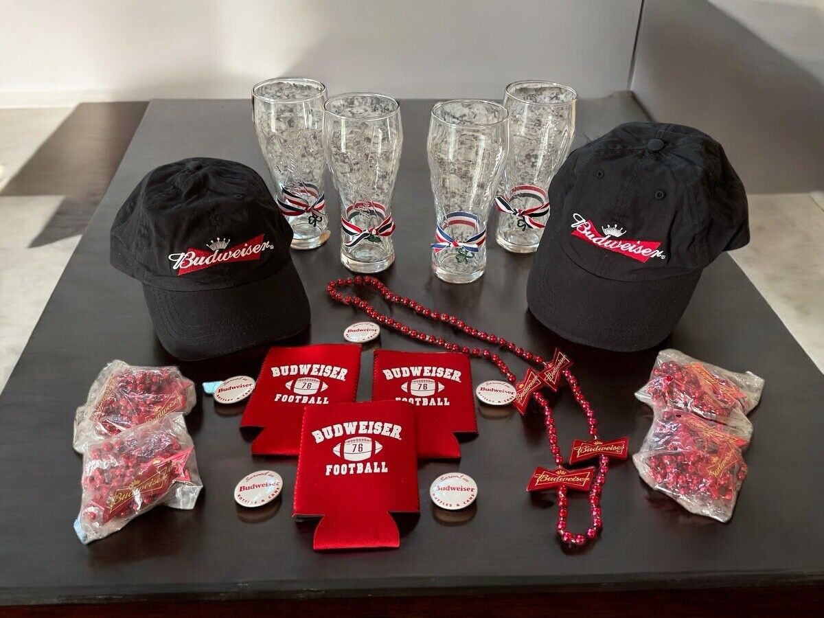 Budweiser Bundle with Glasses, Beads, Caps, Buttons and Koozies