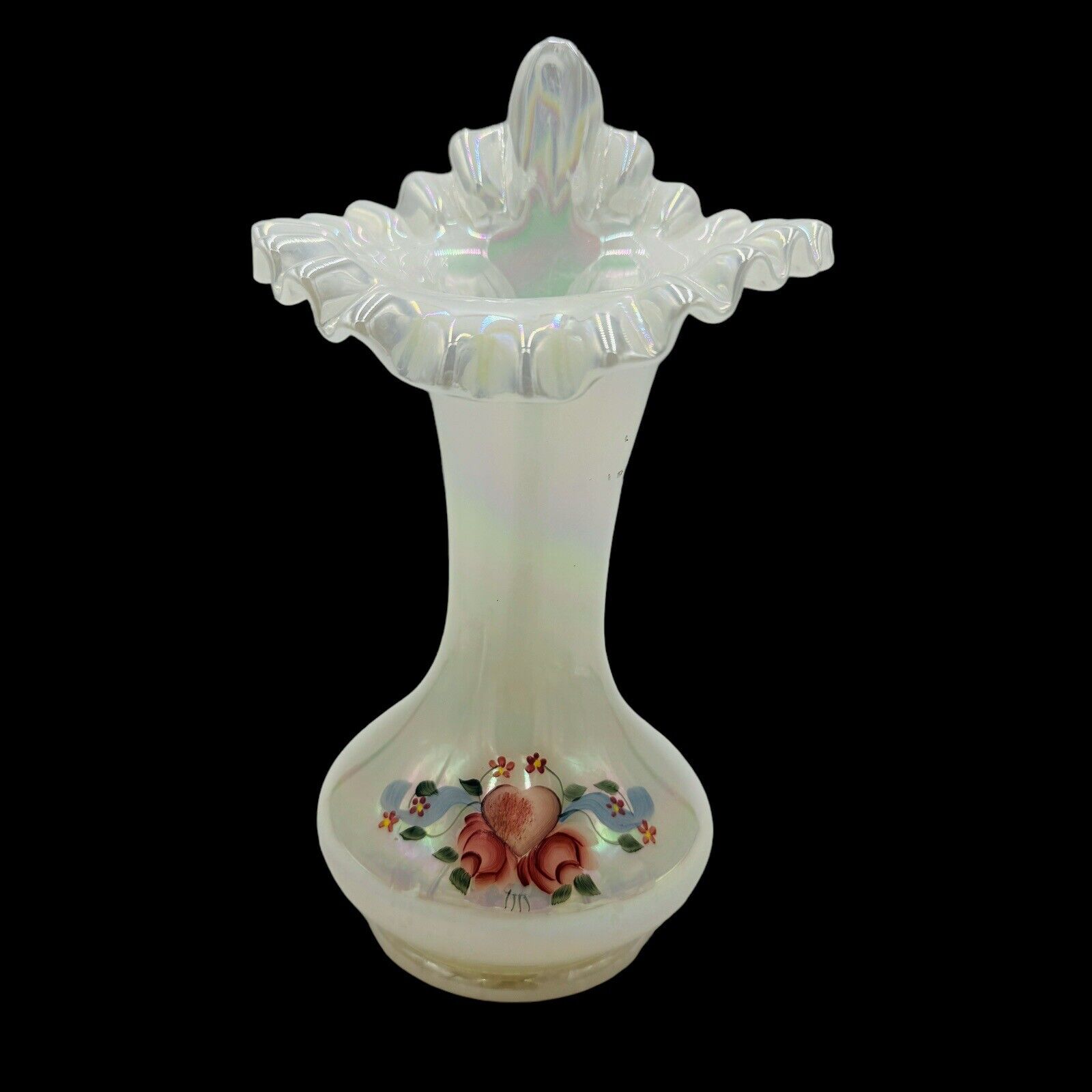 Fenton Art Glass Floral Iridescent Jack In The Pulpit Vase Handpainted Signed 9”