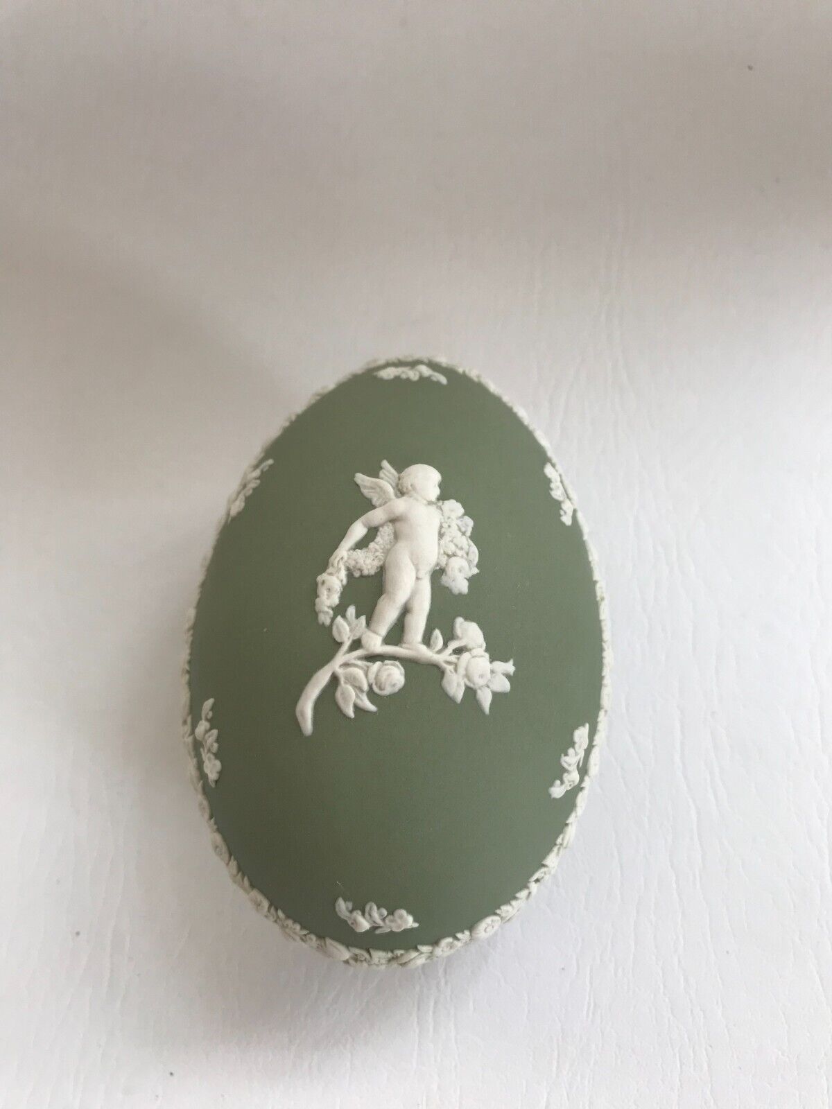 Large Wedgwood Green Jasperware Egg Trinket Box in excellent condition