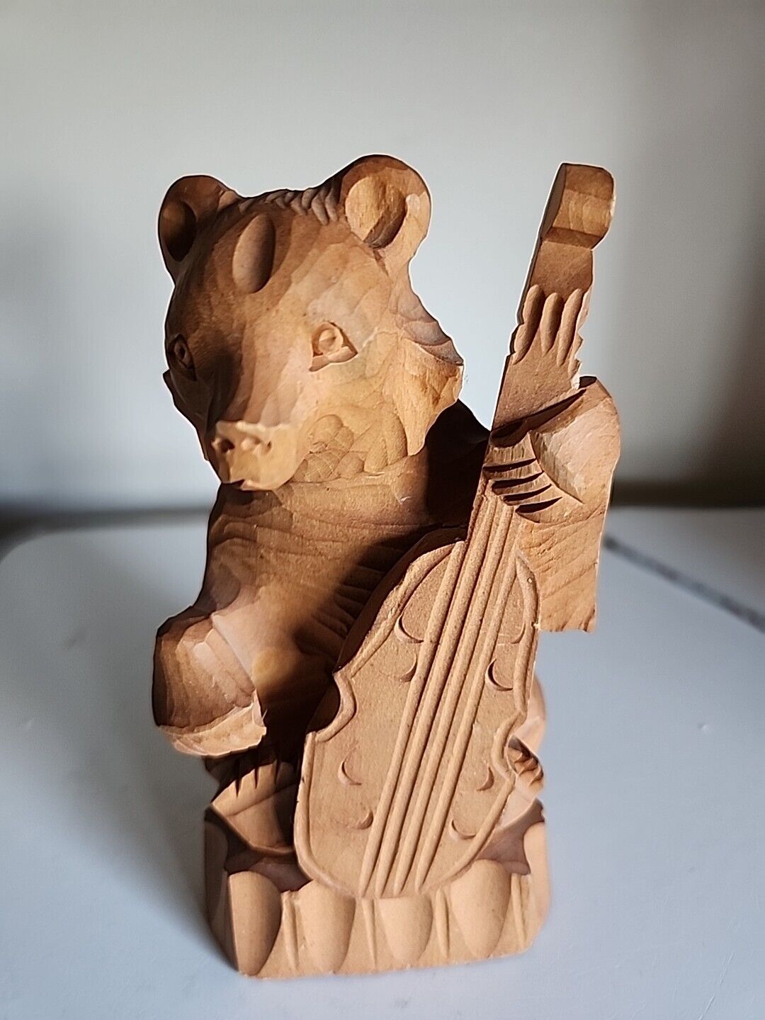 Vintage  Folk Art Carved Wood Bear Russian Playing  Cello Cabin Decor 6.25