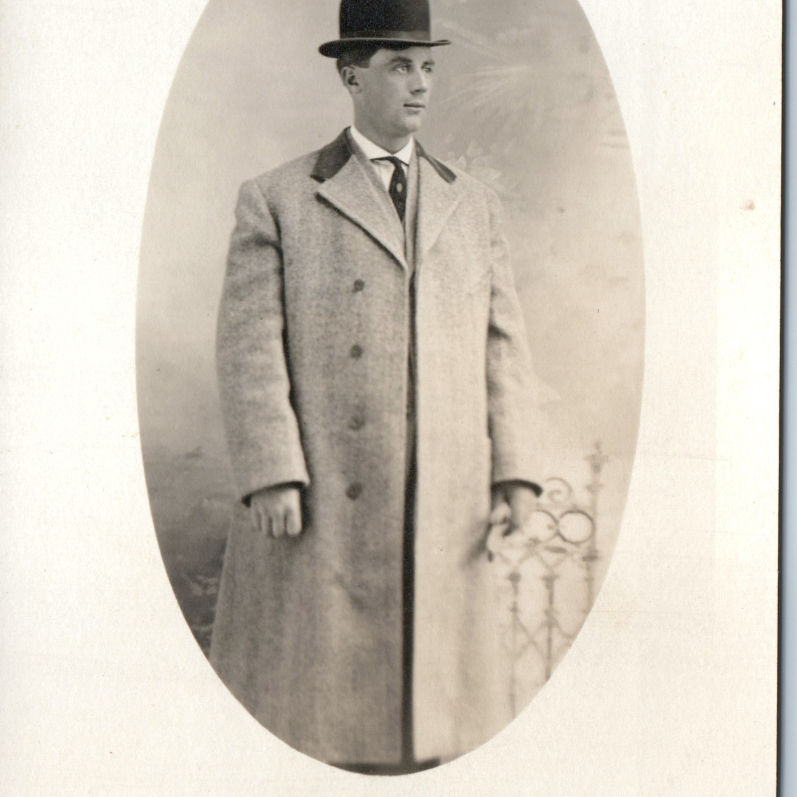 c1910s Cool Man Trenchcoat Portrait Guy +Bowler Hat Fashion Suit Real Photo A212