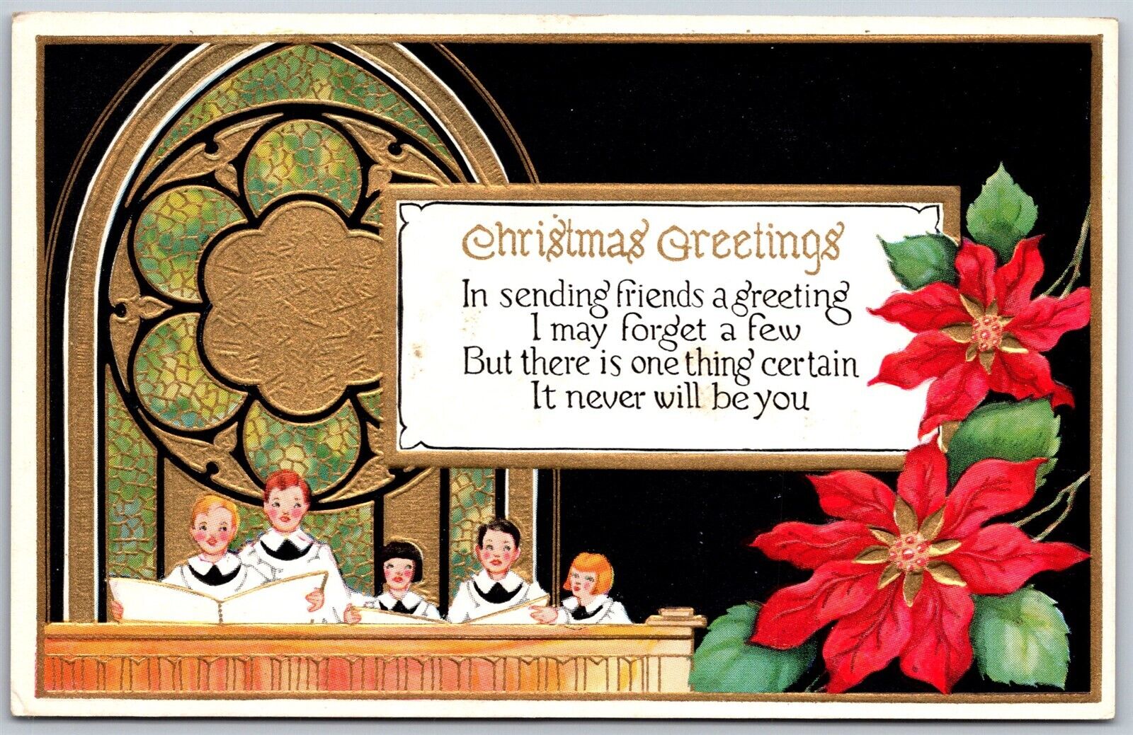 Vtg Christmas Greetings Friendship Boys Church Choir Gold Gilt 1910s Postcard
