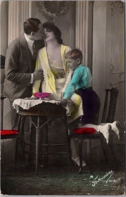 Vintage 1927 RPPC Greetings Postcard Family Scene / Kiss / Hand-Colored Photo