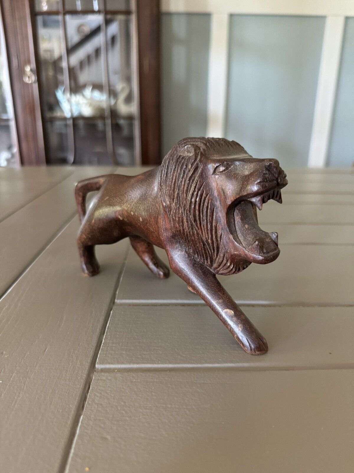 Vintage hand carved wood, roaring lion sculpture figurine 