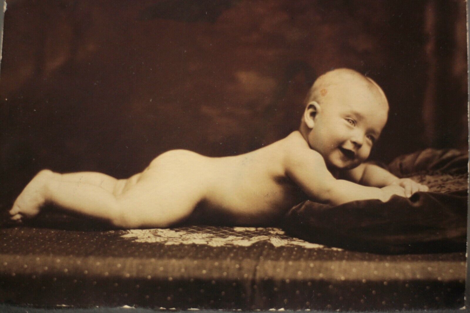 Victorian Photograph New Born Baby, Baby Smiling Deep Sepia Silver Gelatin 6x5