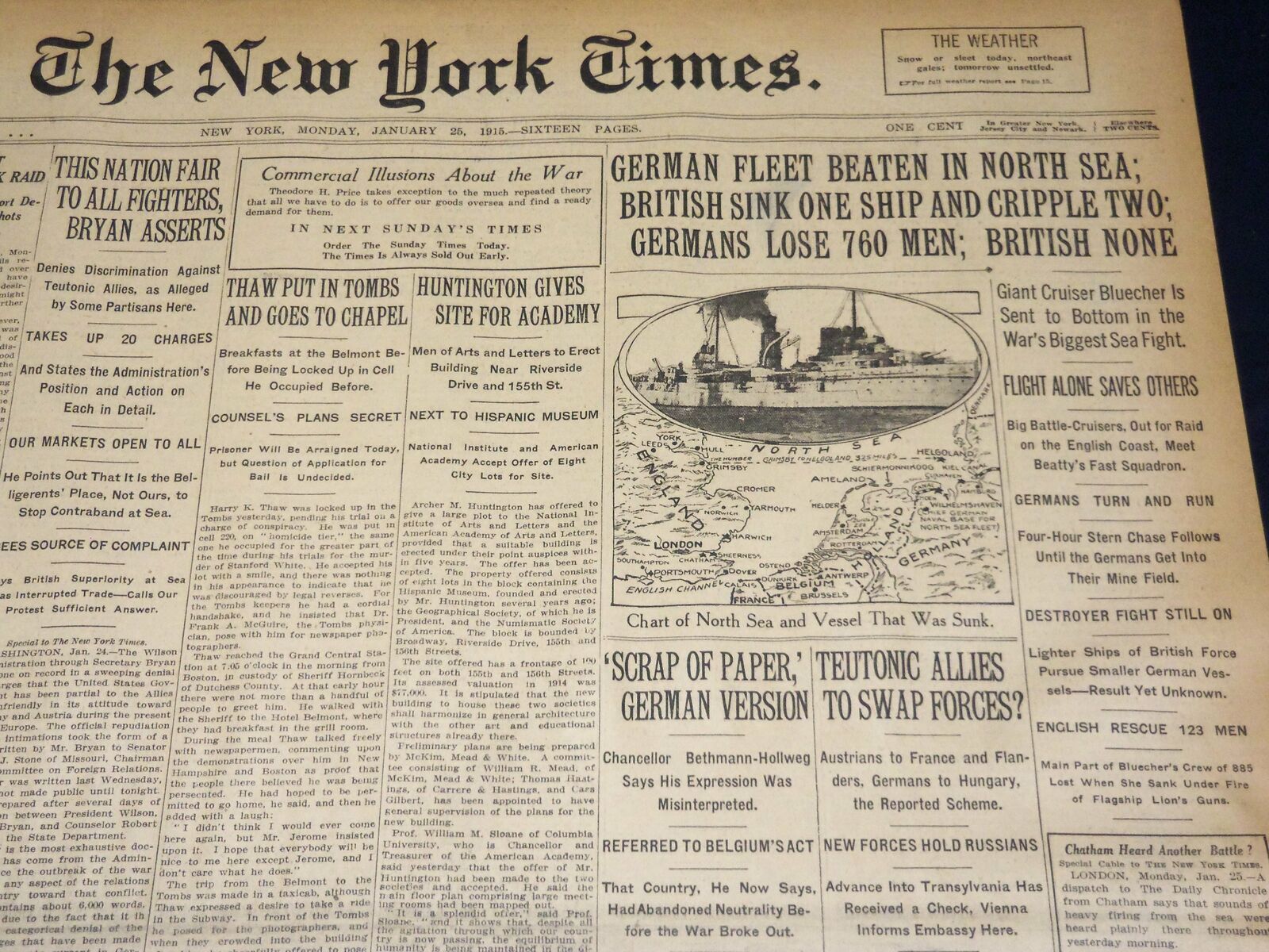 1915 JANUARY 25 NEW YORK TIMES - GERMAN FLEET BEATEN IN NORTH SEA - NT 7830