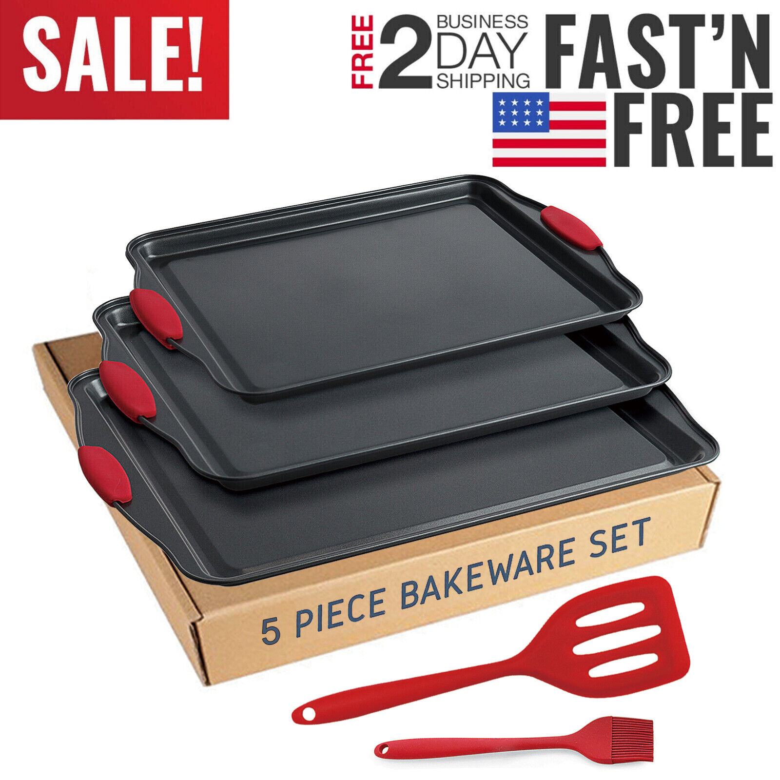 5 Pieces Nonstick Baking Tray Cookie Sheets Pan Set w/ Brush Spatula for Kitchen
