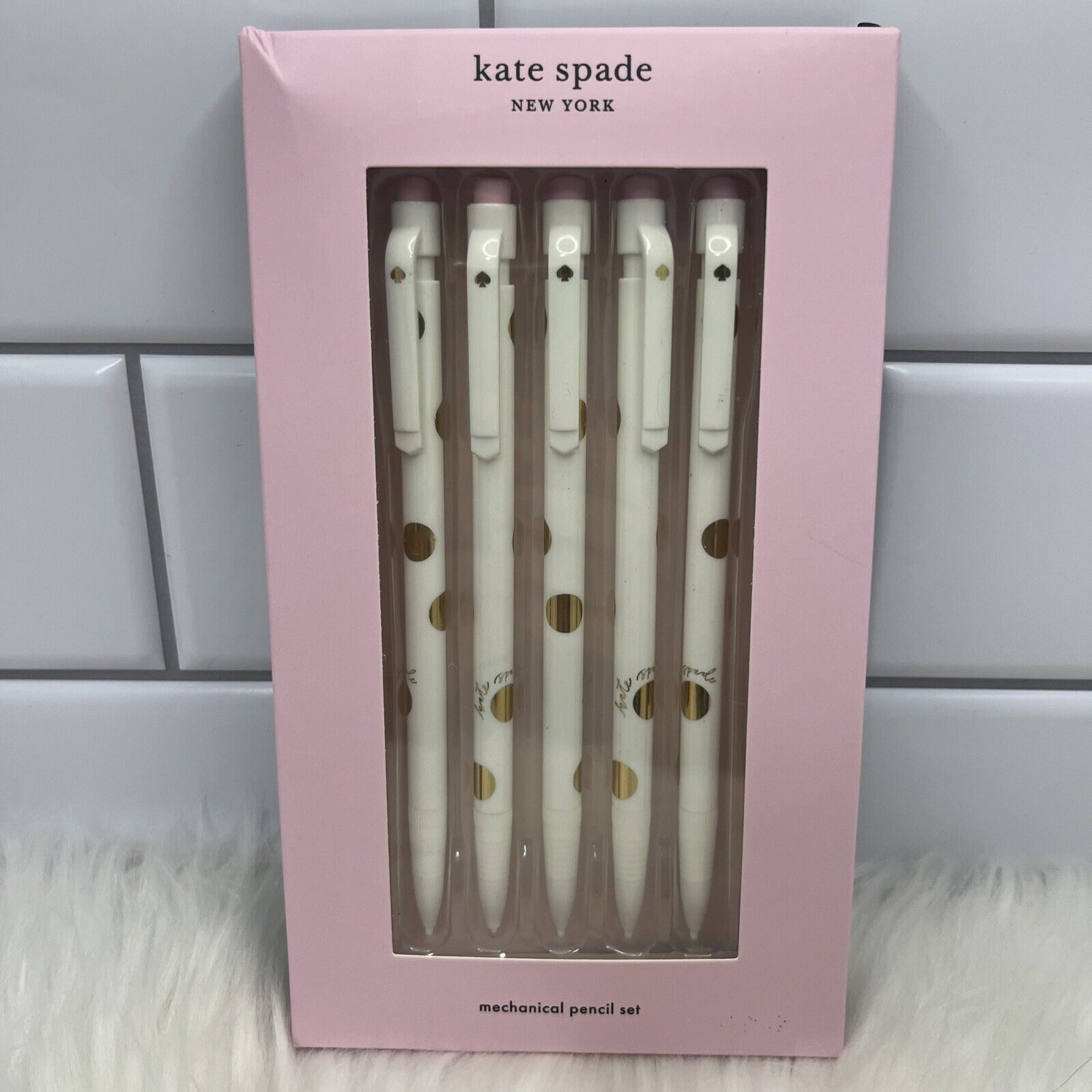 NEW Kate Spade White/gold Dots Mechanical Pencils Set of 5
