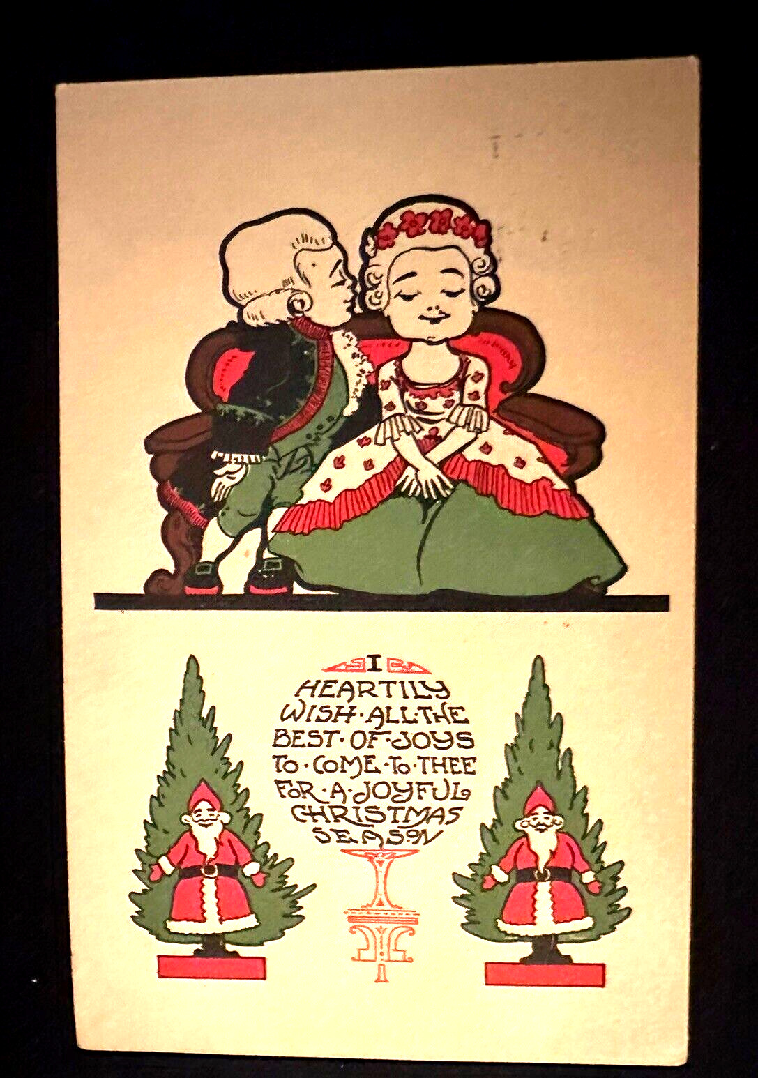 Santa Claus~with Colonial Couple~Antique Arts & Crafts~Christmas~Postcard~k646