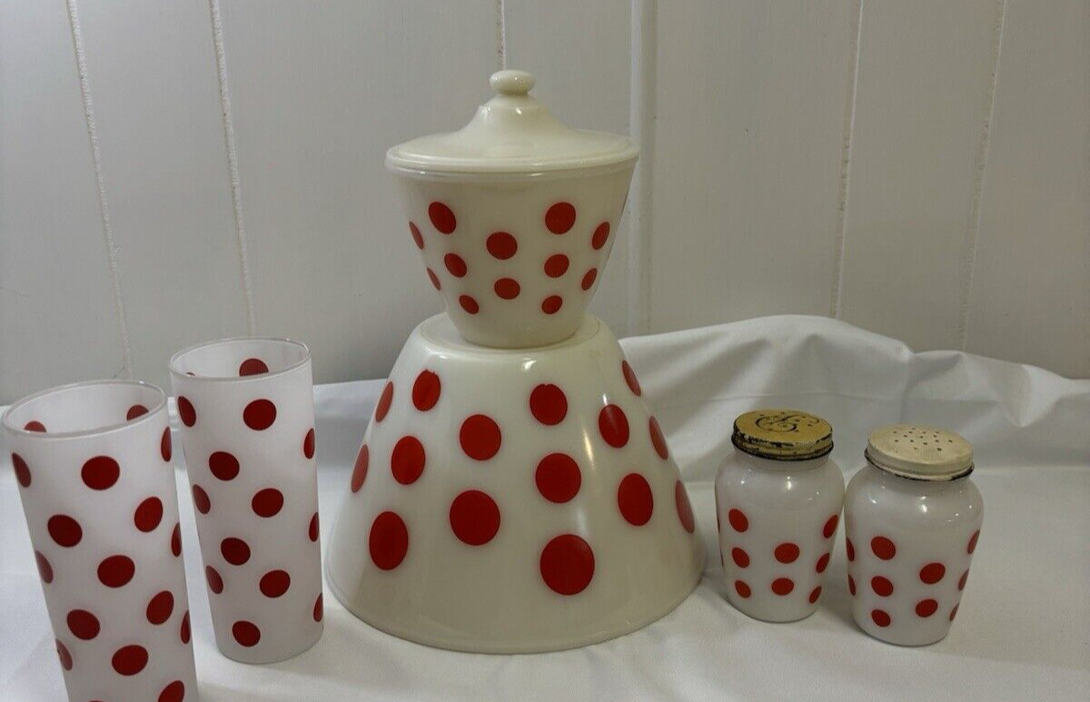 Vintage Red White Polka Dot Fire King Bowl Grease Jar Salt Pepper Glasses
