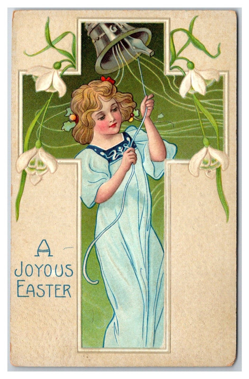 1909c Easter ~ Art Nouveau Girl with Bell ~ Tide flowers lilies tulip bell cross
