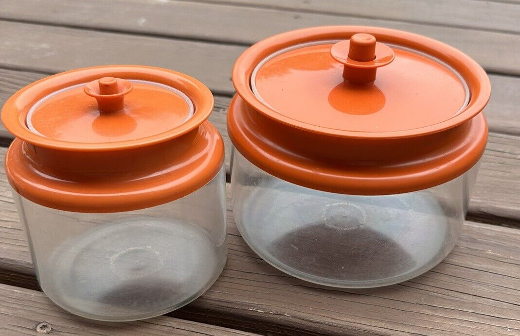 2 Vintage 70’s Tupperware Acrylic Canisters Orange Push Top Lids 1970’s
