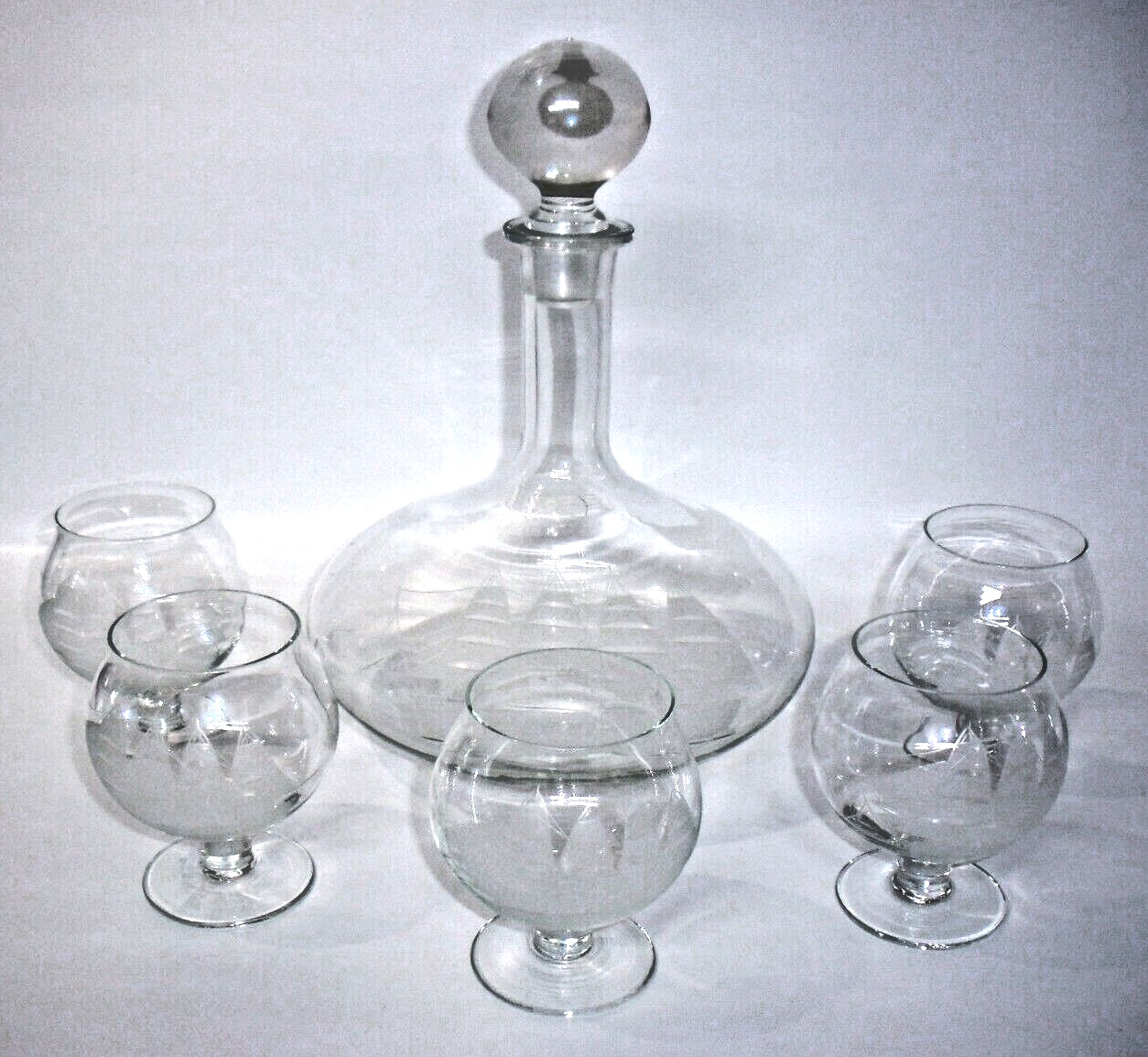 Vtg Toscany Etched Clipper Ship Decanter & 5 Snifters Romanian Nautical Barware