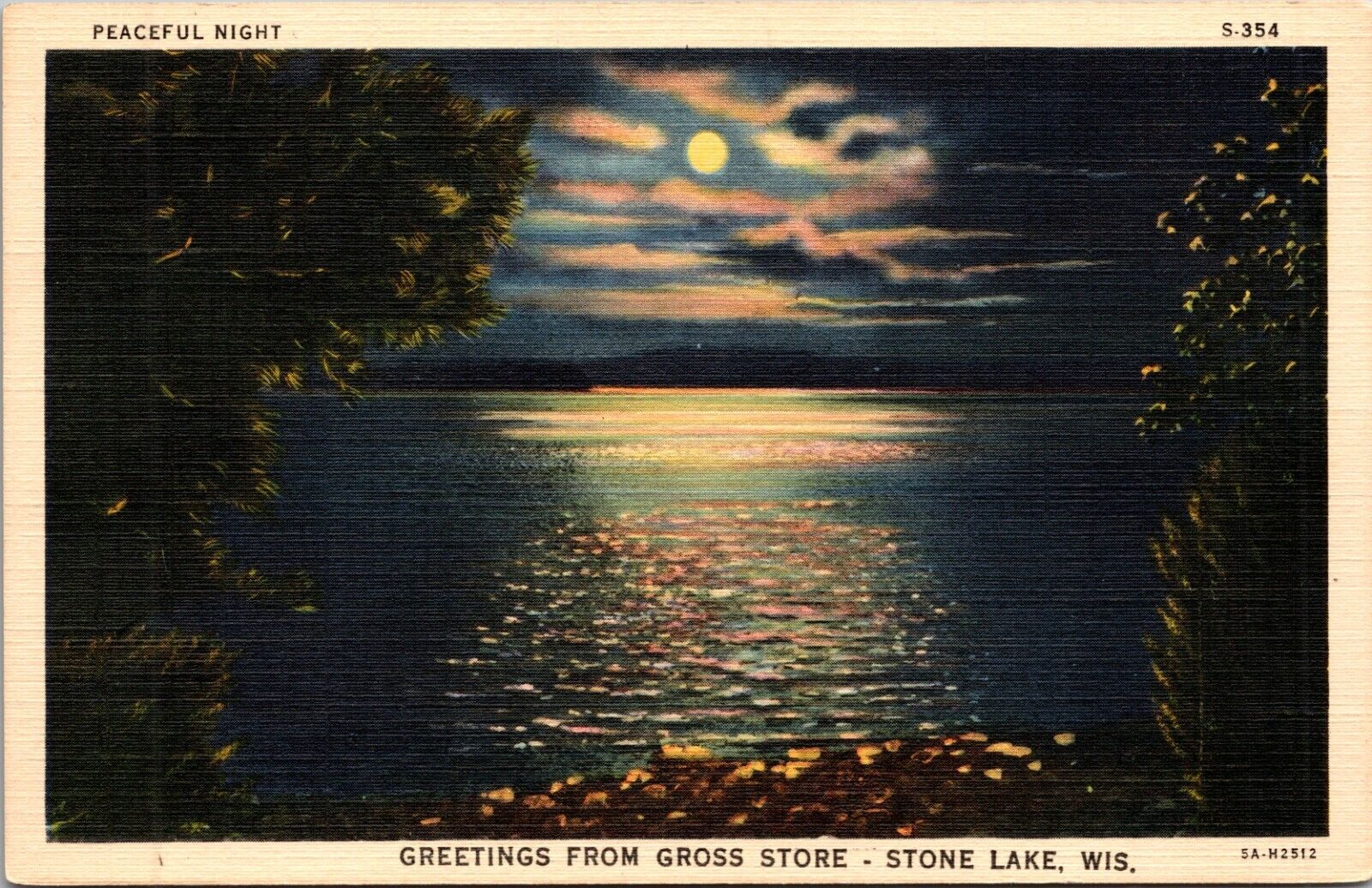 Postcard Stone Lake Wisconsin Peaceful Night from Gross Store c1933 Curt Teich